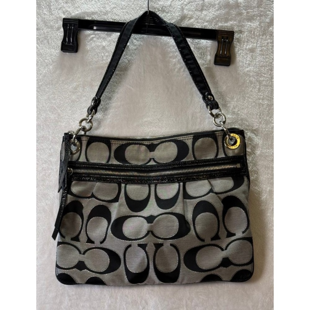 Coach Poppy Signature Sateen Metallic Shoulder Bag Black Silver Zip Tote Purse